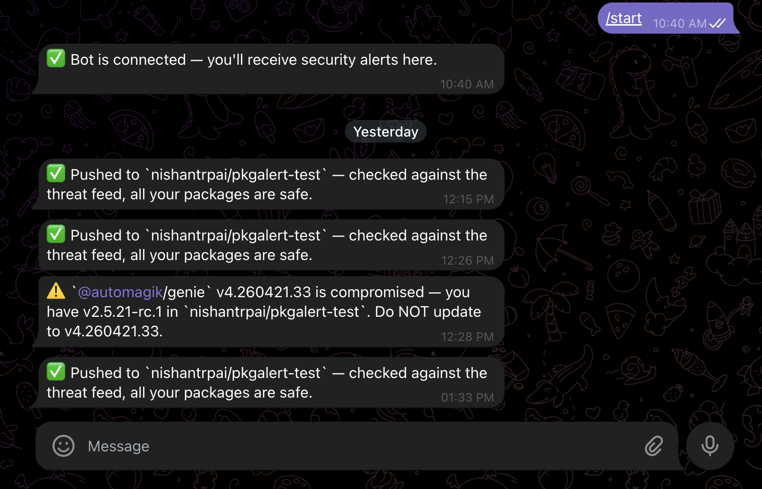 Telegram alert message preview